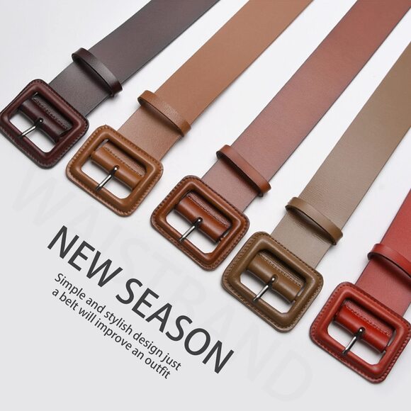 8578 Women Wide Leather Belt Classic Solid Color Large Square Buckle Retro